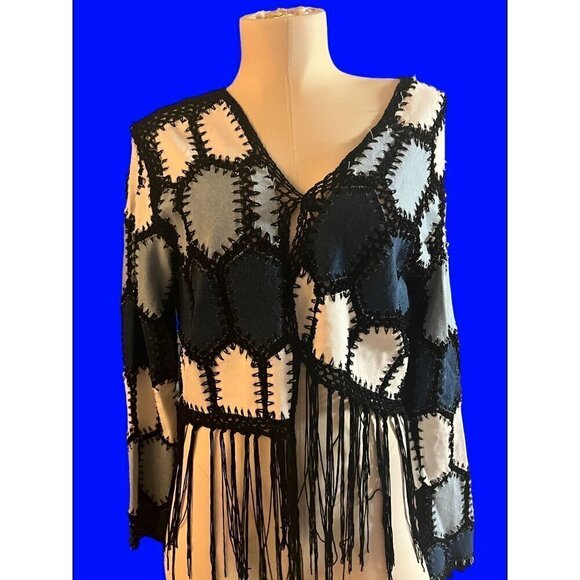 nwt fringed croucheted blouse by adore denim blues black fringes unique dressy l - Picture 10 of 13